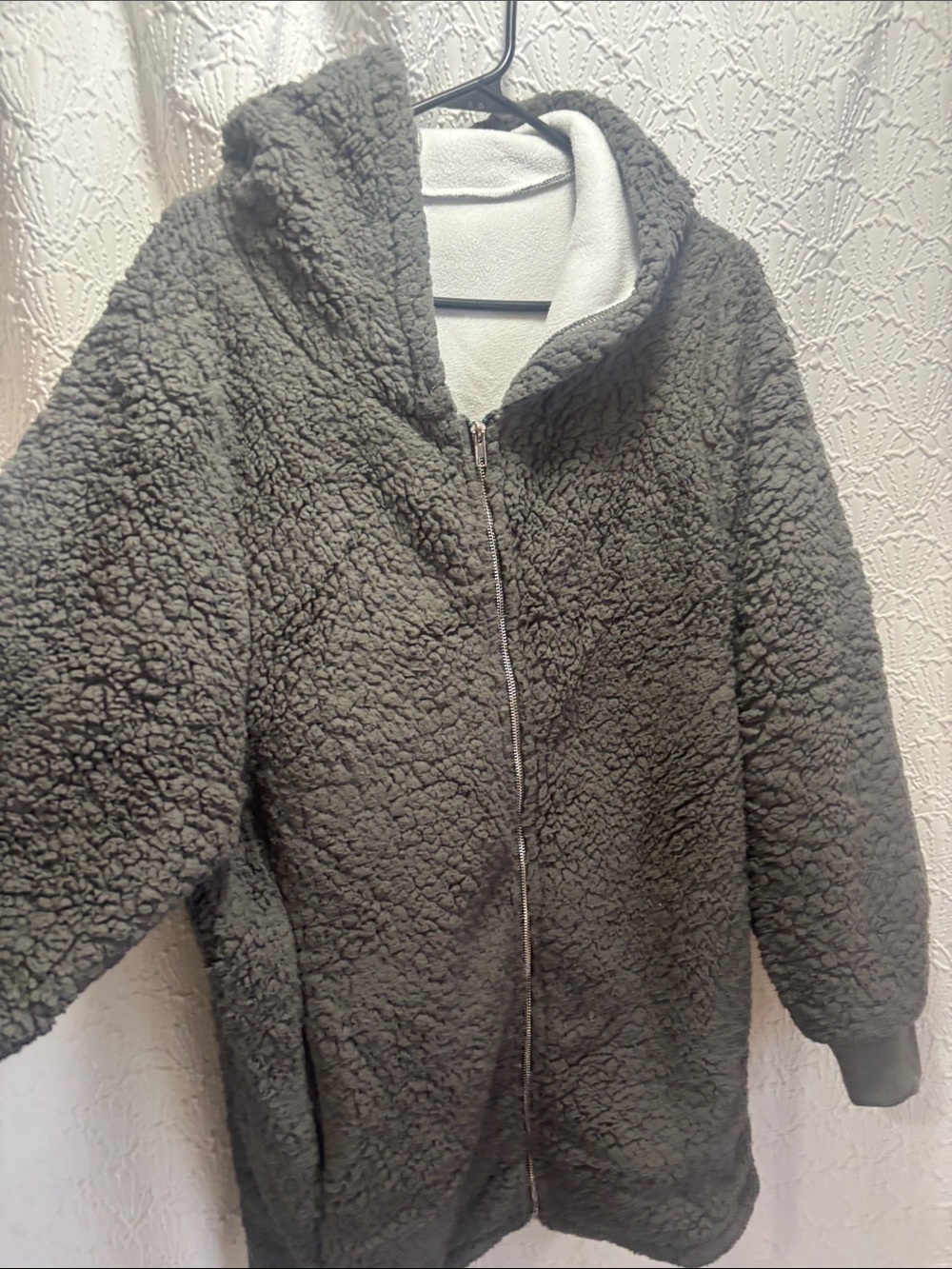 Plush Hooded Sherpa Coat - Gray